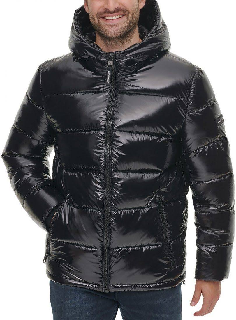 Calvin Klein Men's High Shine Hooded Puffer Jacket - Black - Size M YW_TRHQDXIO