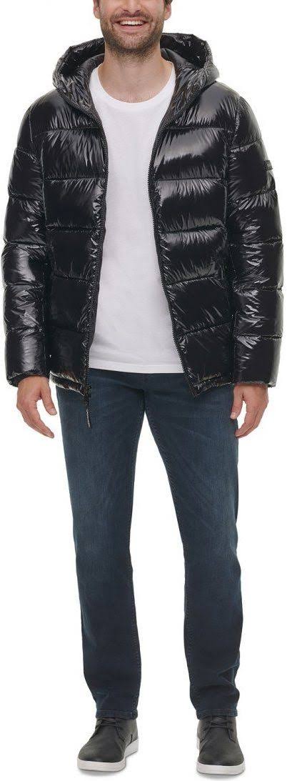 Calvin Klein Men's High Shine Hooded Puffer Jacket - Black - Size M YW_TRHQDXIO