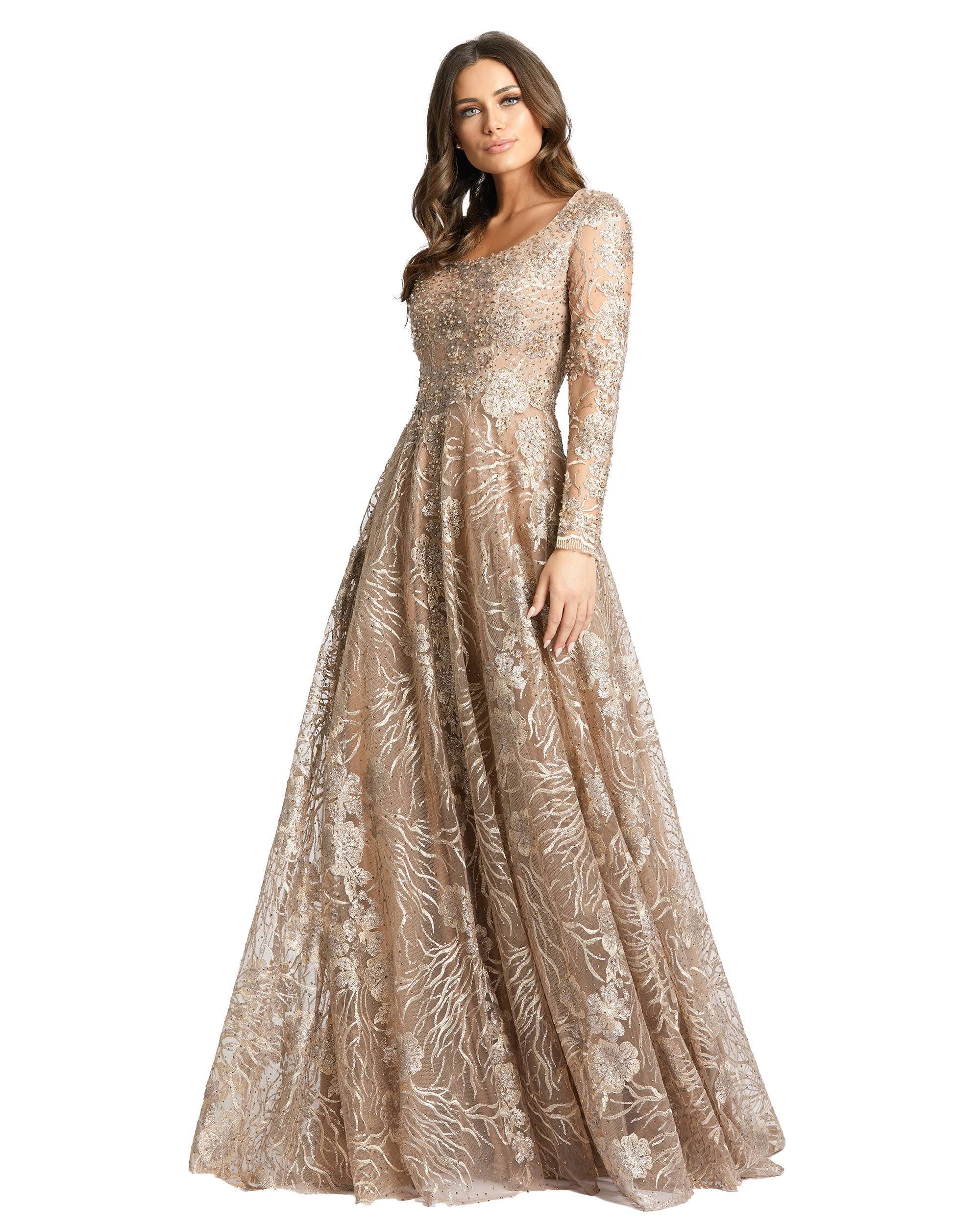 Mac Duggal Women's Jewel Encrusted Long Sleeve Square Neck Gown In Vintage Gold 4U_BMUH7TJL Mac Duggal Women's Jewel Encrusted Long Sleeve Square Neck Gown In Vintage Gold 4U_BMUH7TJL