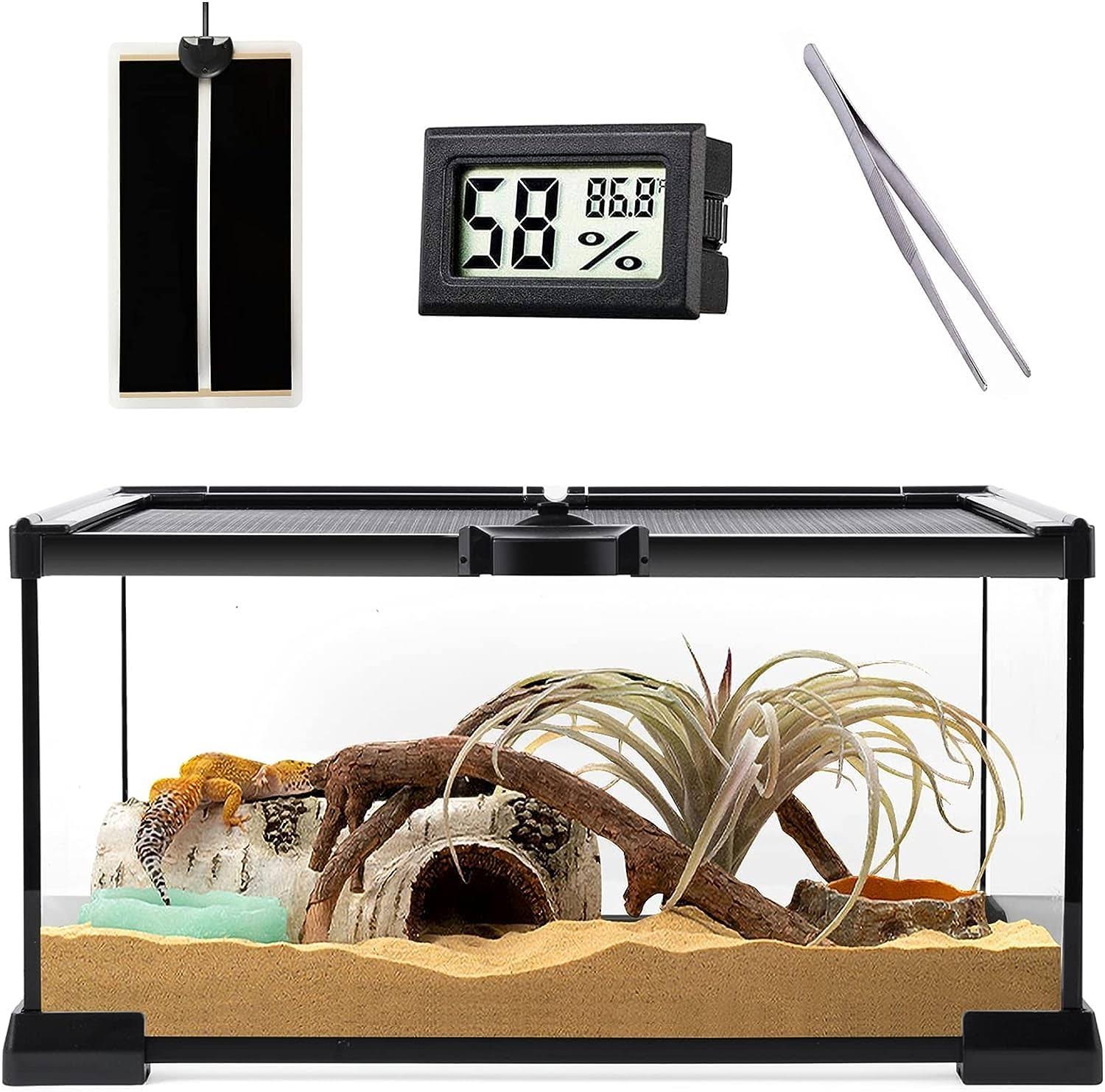 Helime Reptile Glass Terrarium - Amphibians Habitat Cages 12 X 8 X 6.3 Starter Kits, Top Sliding Door Screen Ventilation Mini Tanks With Heating QS_VTQSD8HR