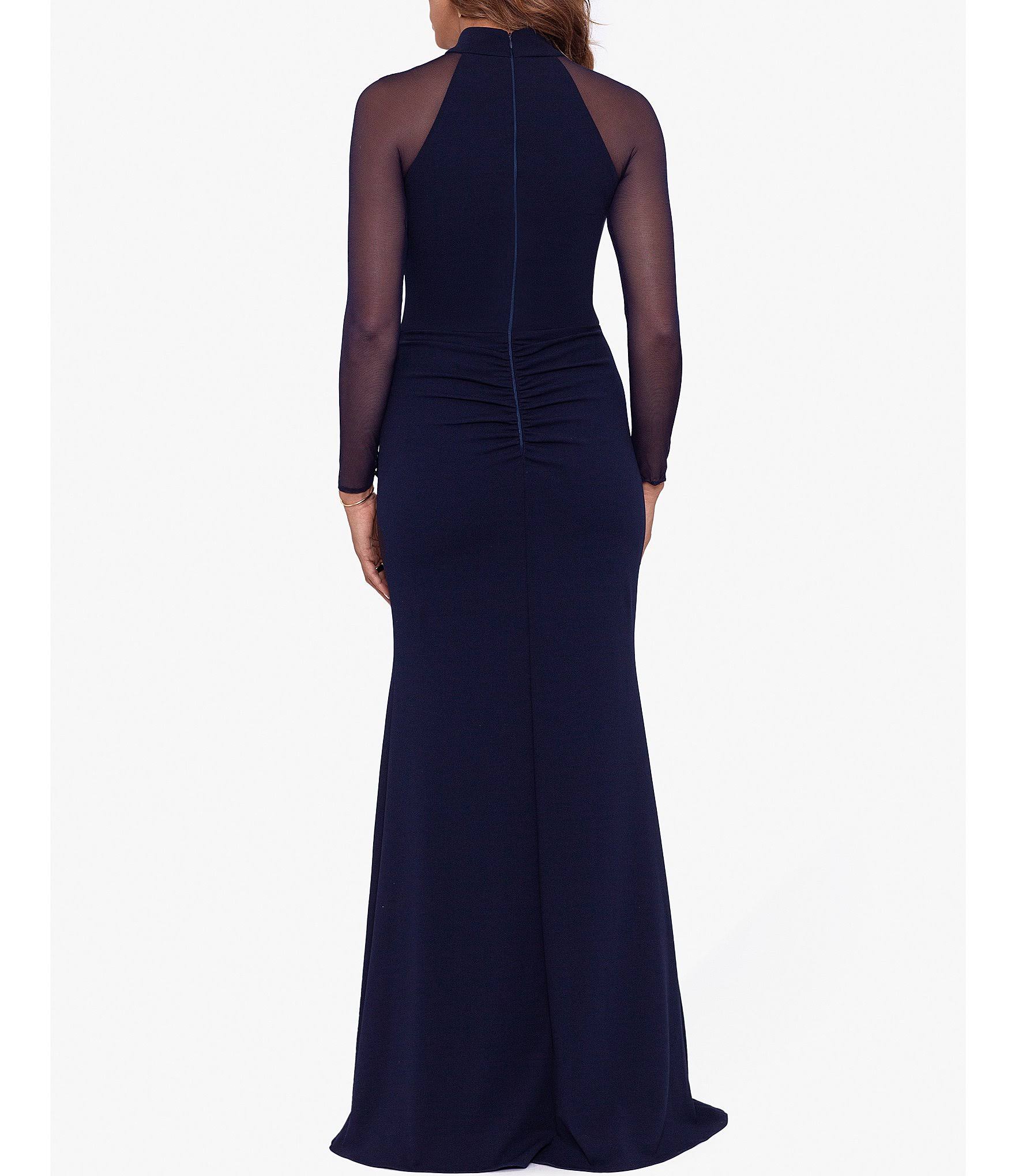 Betsy Adam Petite Size Mesh Long Sleeve Mock Neck Cascade Ruffle Scuba Crepe Ruched Waist Gown, Womens, 12p, Navy FI_XZK9PXT6