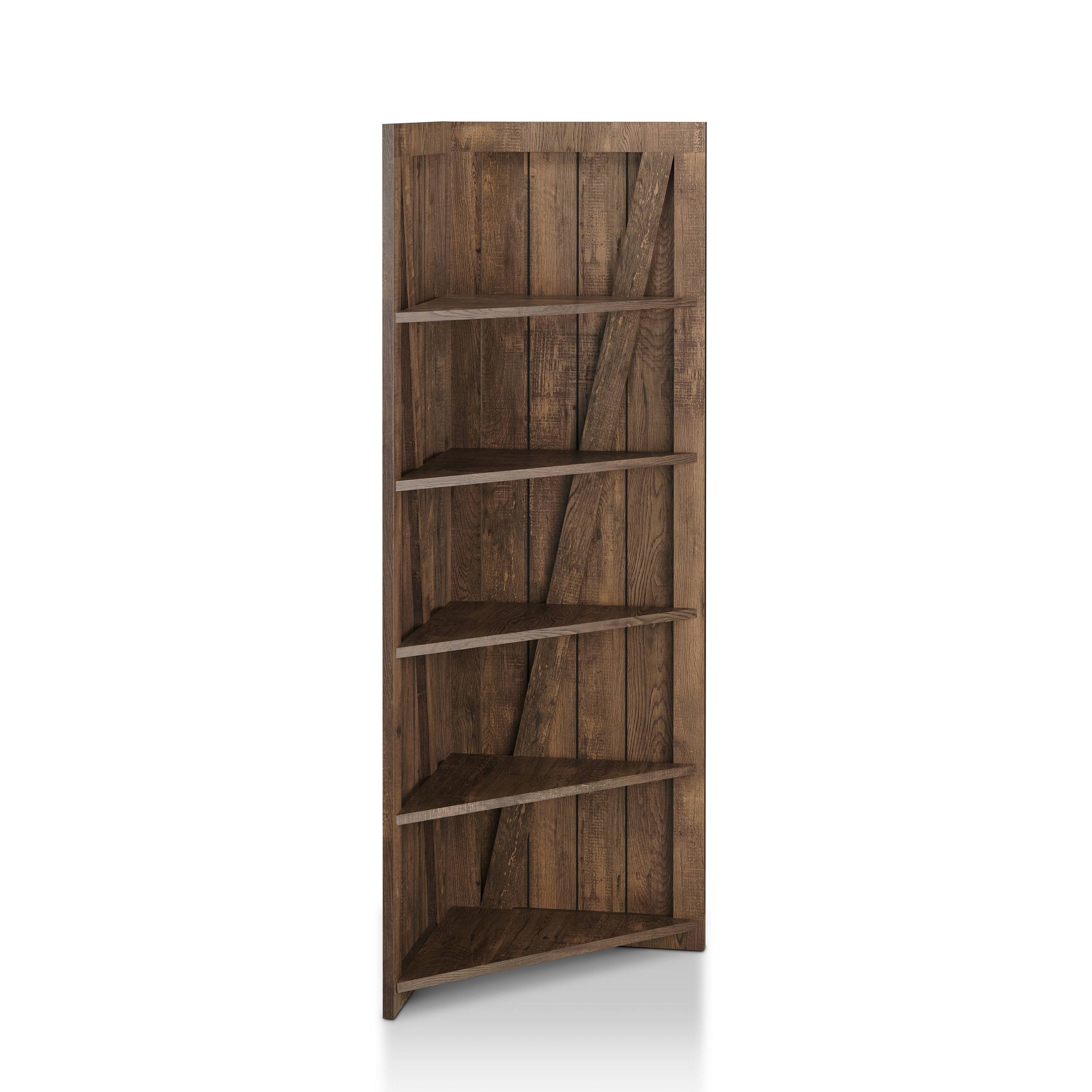 Furniture Of America Terry Rustic Wood 5-Tier Corner Bookcase In Reclaimed Oak JX_CXDFLNFS