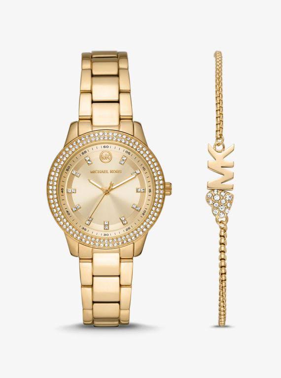 Michael Kors Women's Mini Tibby Gold-Tone Pavé Watch And Bracelet Gift Set - Metallic - Watches RM_6LOZC2CN