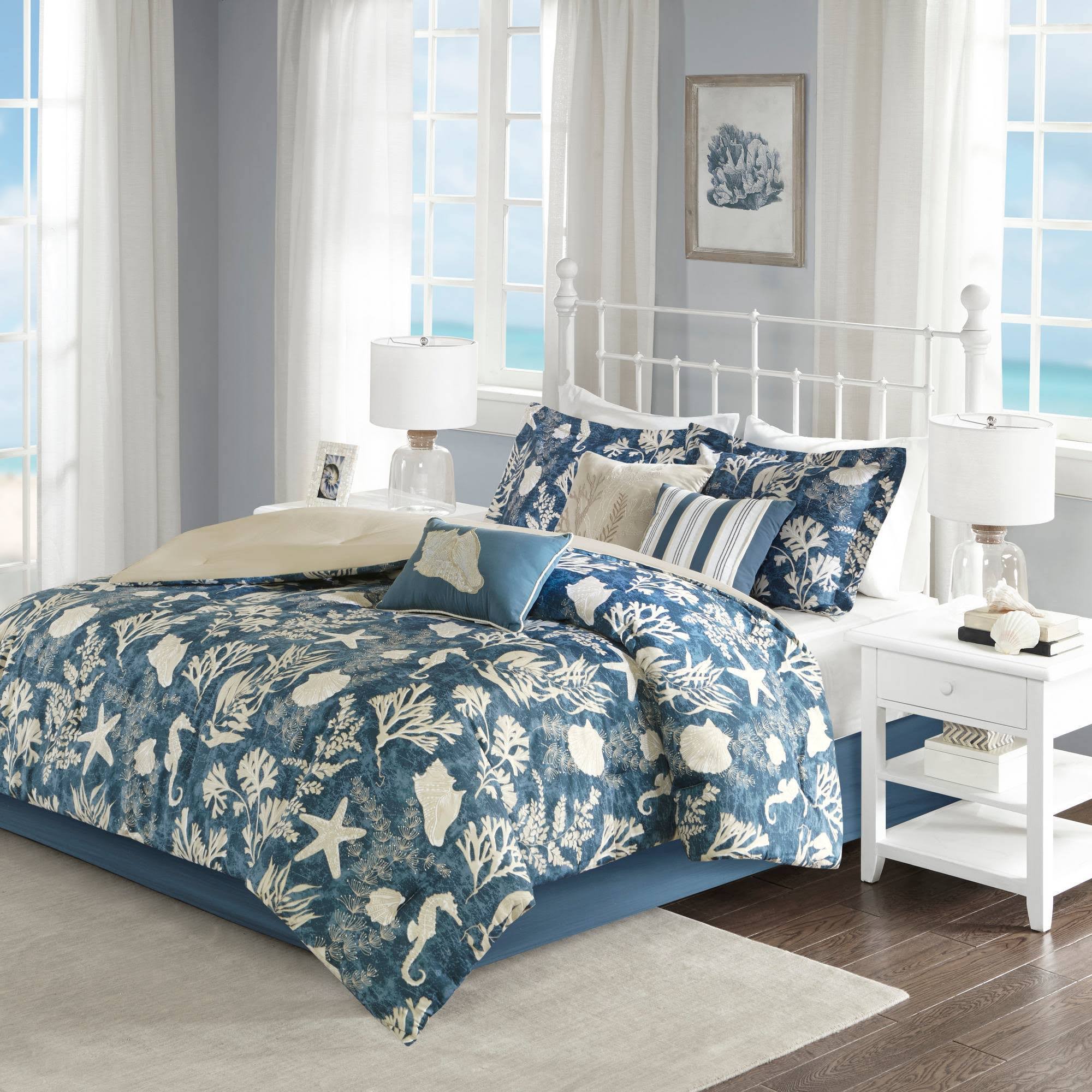 Madison Park Cape Cod 7 Piece Cotton Sateen Comforter Set Blue Queen YY_877RFDEF