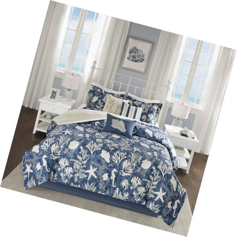 Madison Park Cape Cod 7 Piece Cotton Sateen Comforter Set Blue Queen YY_877RFDEF