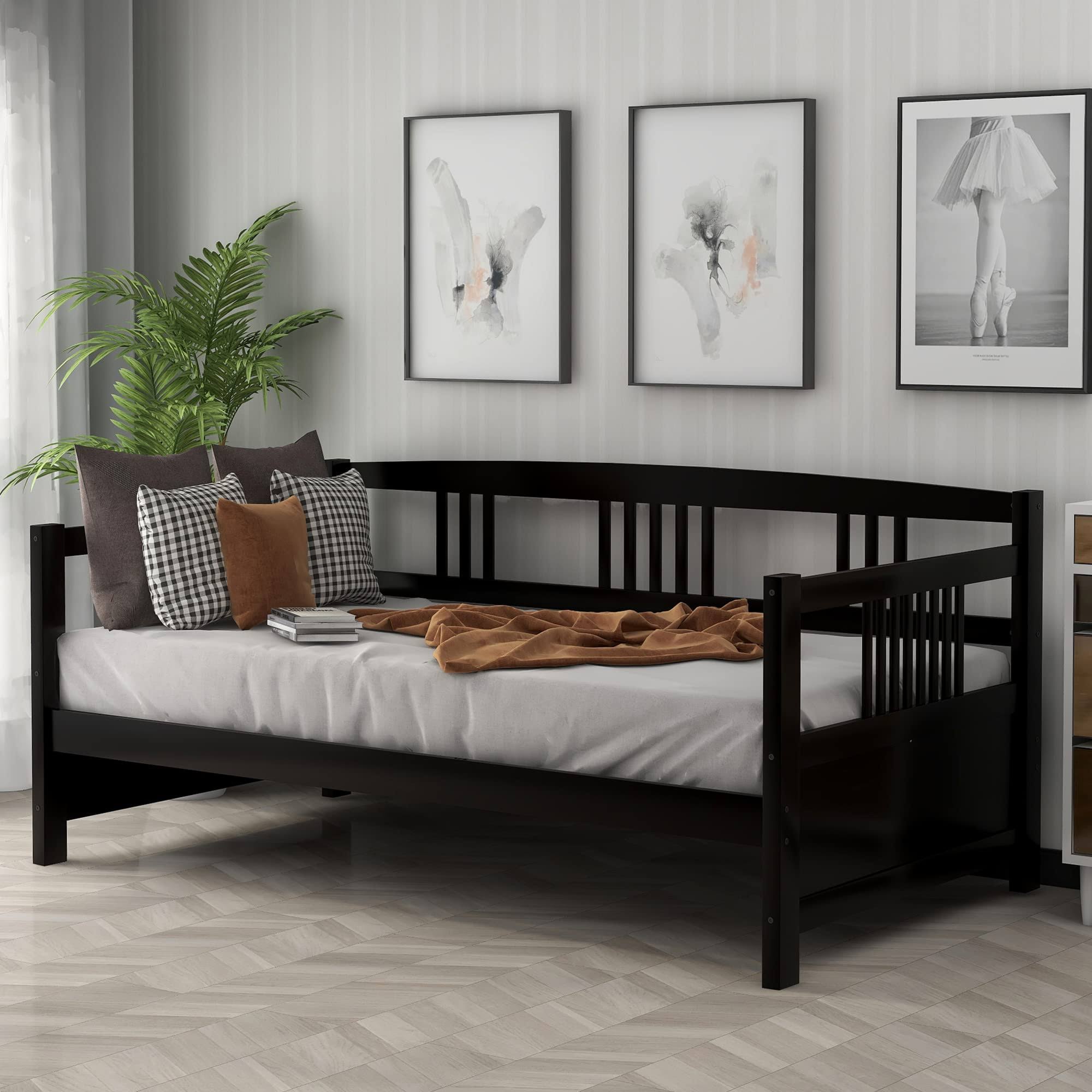 Merax Daybed Twin Bed Wooden Slats Support Modern Living Daybed With Rails Twin Size Dark Espresso BM_MUTOJDQM Merax Daybed Twin Bed Wooden Slats Support Modern Living Daybed With Rails Twin Size Dark Espresso BM_MUTOJDQM