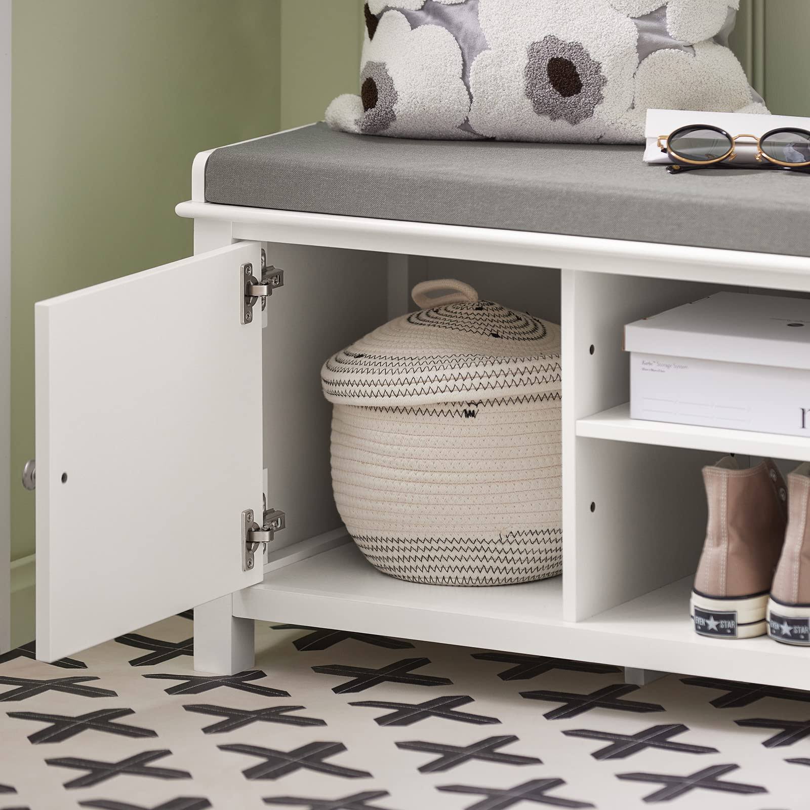 Haotian Fsr35-W, White Storage Bench With 2 Doors, Shelf & Removable Seat Cushion, Shoe Cabinet, Shoe Bench ZM_HYNAPGSM Haotian Fsr35-W, White Storage Bench With 2 Doors, Shelf & Removable Seat Cushion, Shoe Cabinet, Shoe Bench ZM_HYNAPGSM