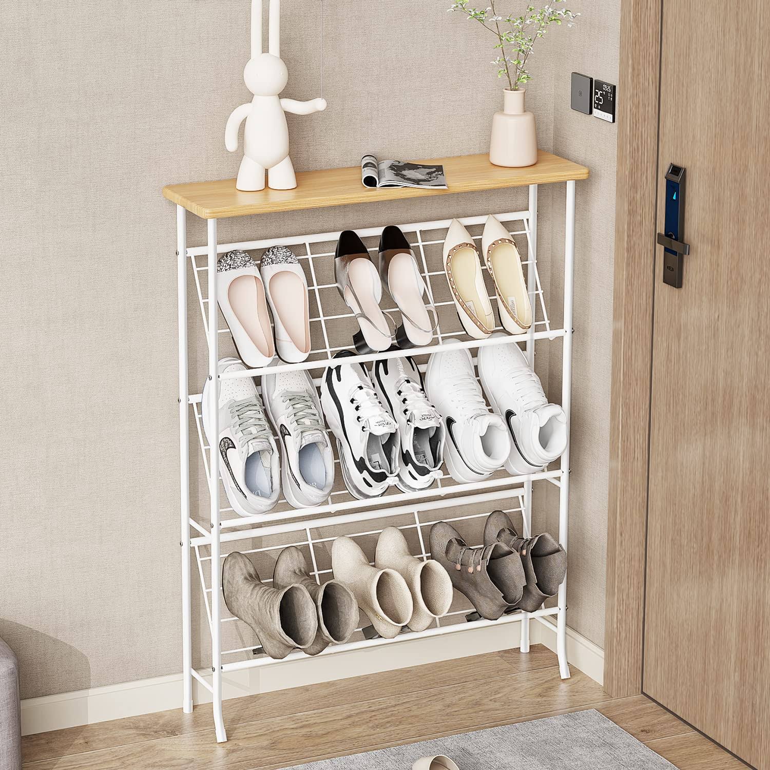 Shoe Rack Organizer, Sturdy 4 Tier Narrow Shoe Storage Cabinet, Free Standing Shoe Racks With Wood Top, Space Saving Shoe Shelf, Large Shoe Rack For E LA_IK7EQWHI