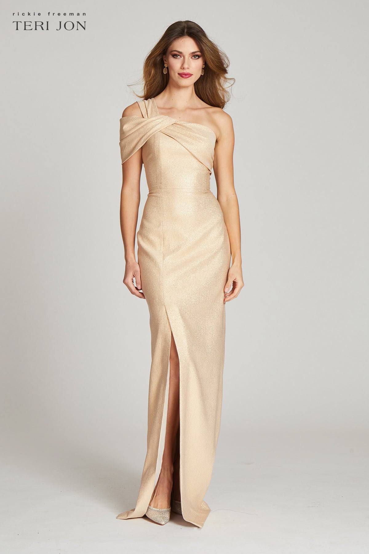 Teri Jon By Rickie Freeman Women's Metallic Jacquard One Shoulder Gown - Gold - Size 10 ZJ_0AM6AYIN