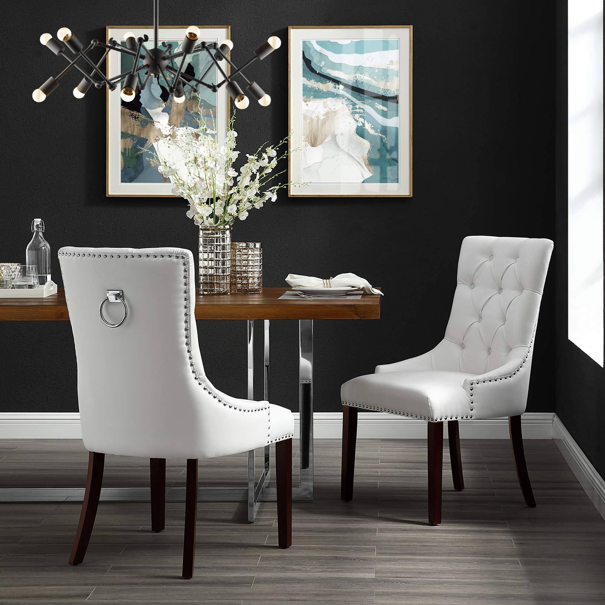Inspiredhome White Leather Dining Chair - Design: Alberto | Set Of 2 | Tufted | Ring Handle | Chrome Nailhead Finish RC_ACGWFNHA