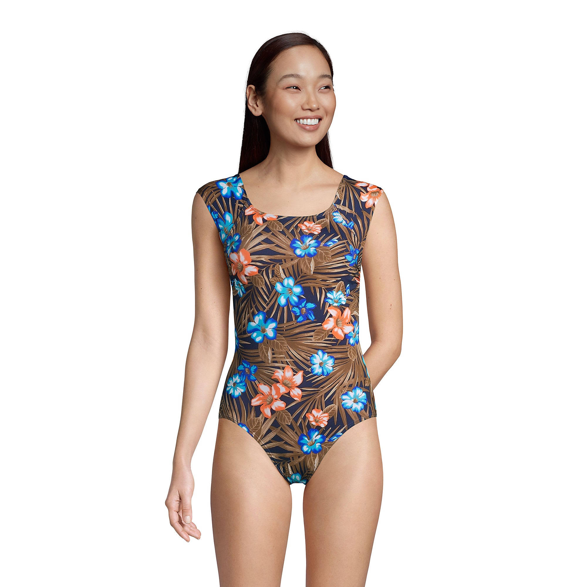 Lands' End Women's D-Cup Tummy Control Cap Sleeve X-Back One Piece Swimsuit - Black Havana Floral I1_AIDZX0ZB Lands' End Women's D-Cup Tummy Control Cap Sleeve X-Back One Piece Swimsuit - Black Havana Floral I1_AIDZX0ZB