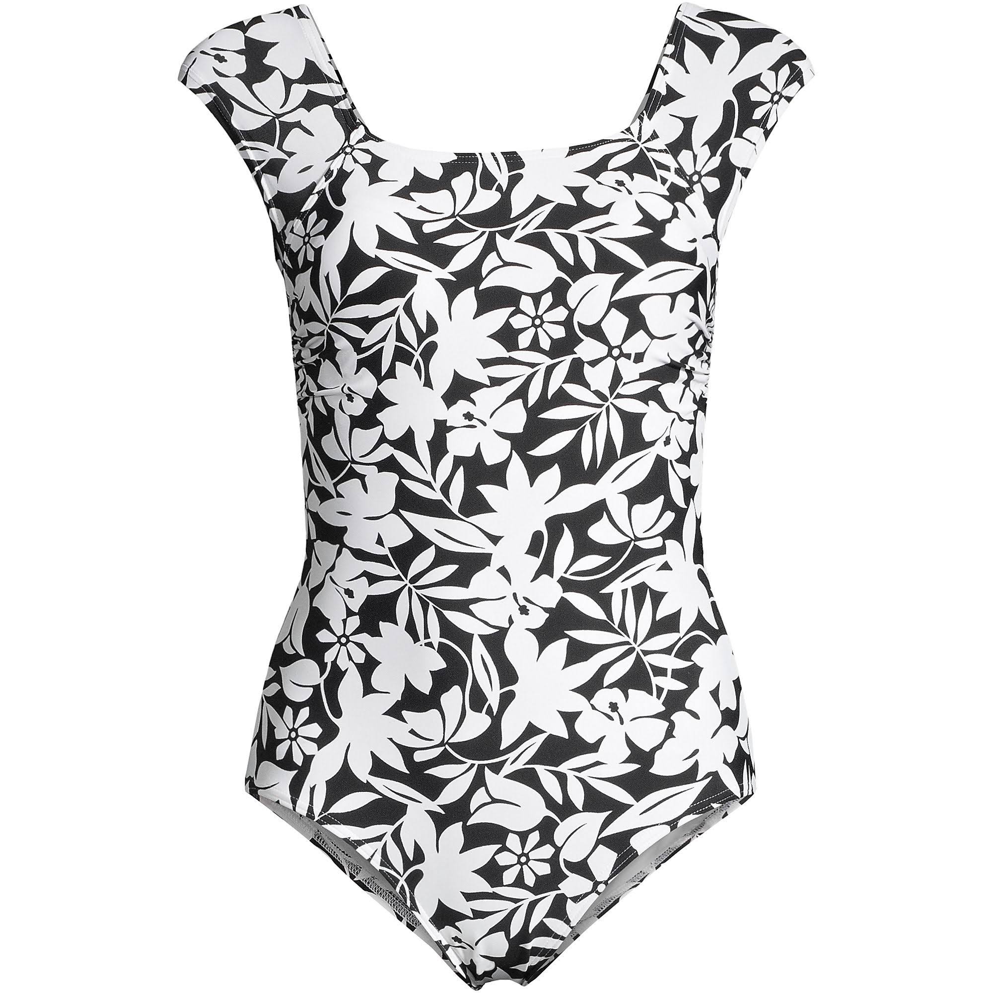 Lands' End Women's D-Cup Tummy Control Cap Sleeve X-Back One Piece Swimsuit - Black Havana Floral I1_AIDZX0ZB