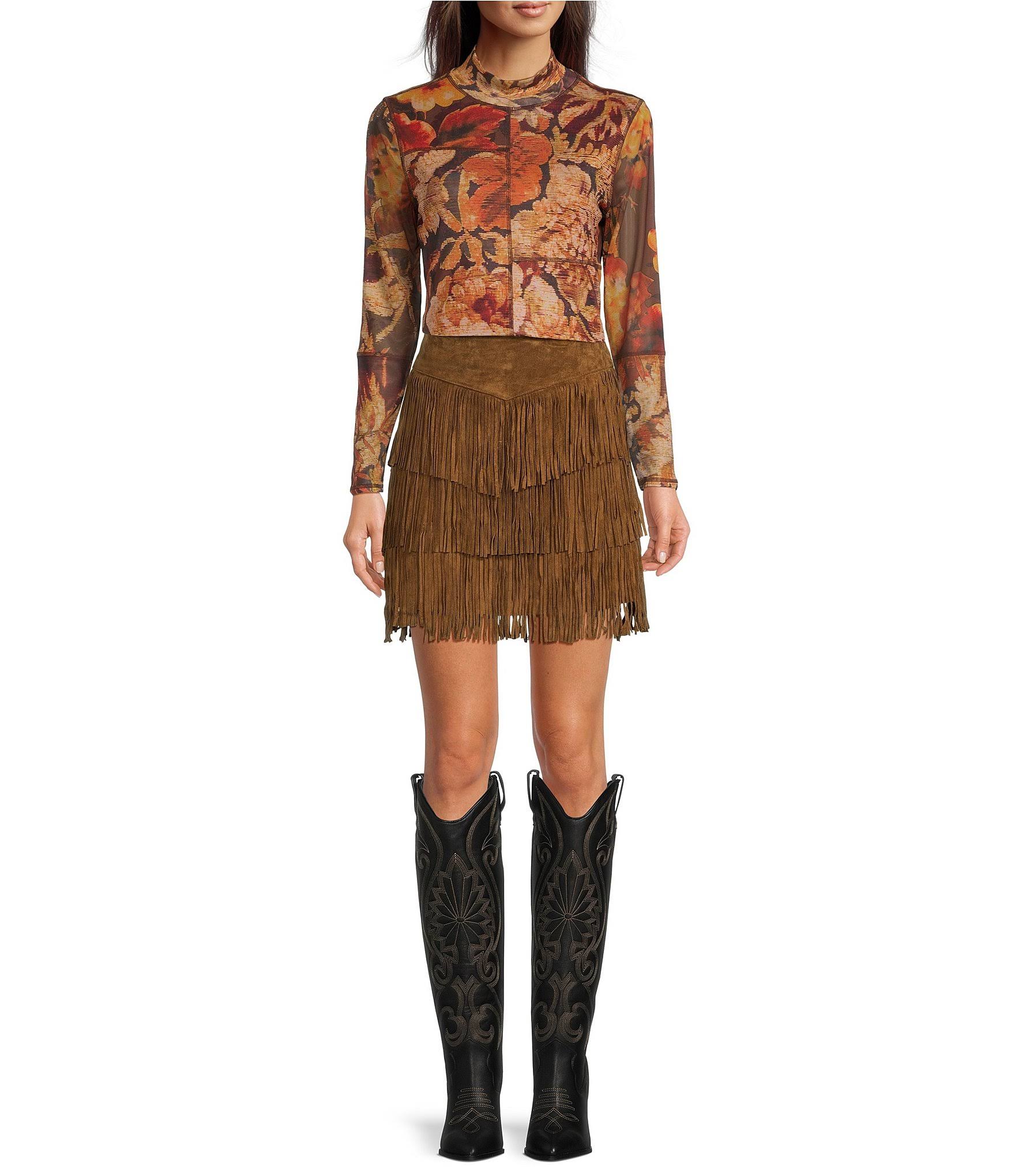 Scully Tiered Suede Fringe Skirt - Xl XT_D5POEF8V