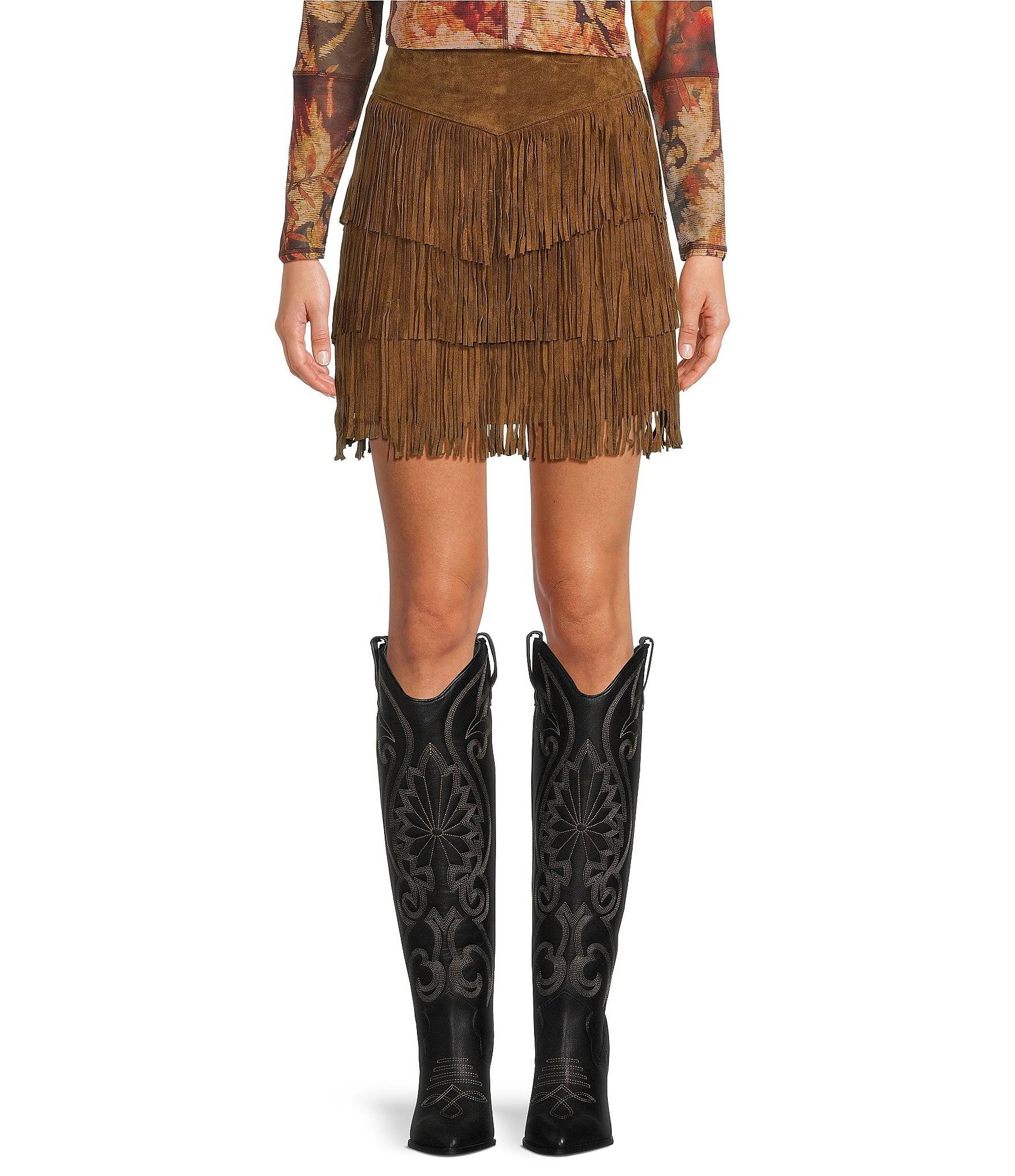 Scully Tiered Suede Fringe Skirt - Xl XT_D5POEF8V
