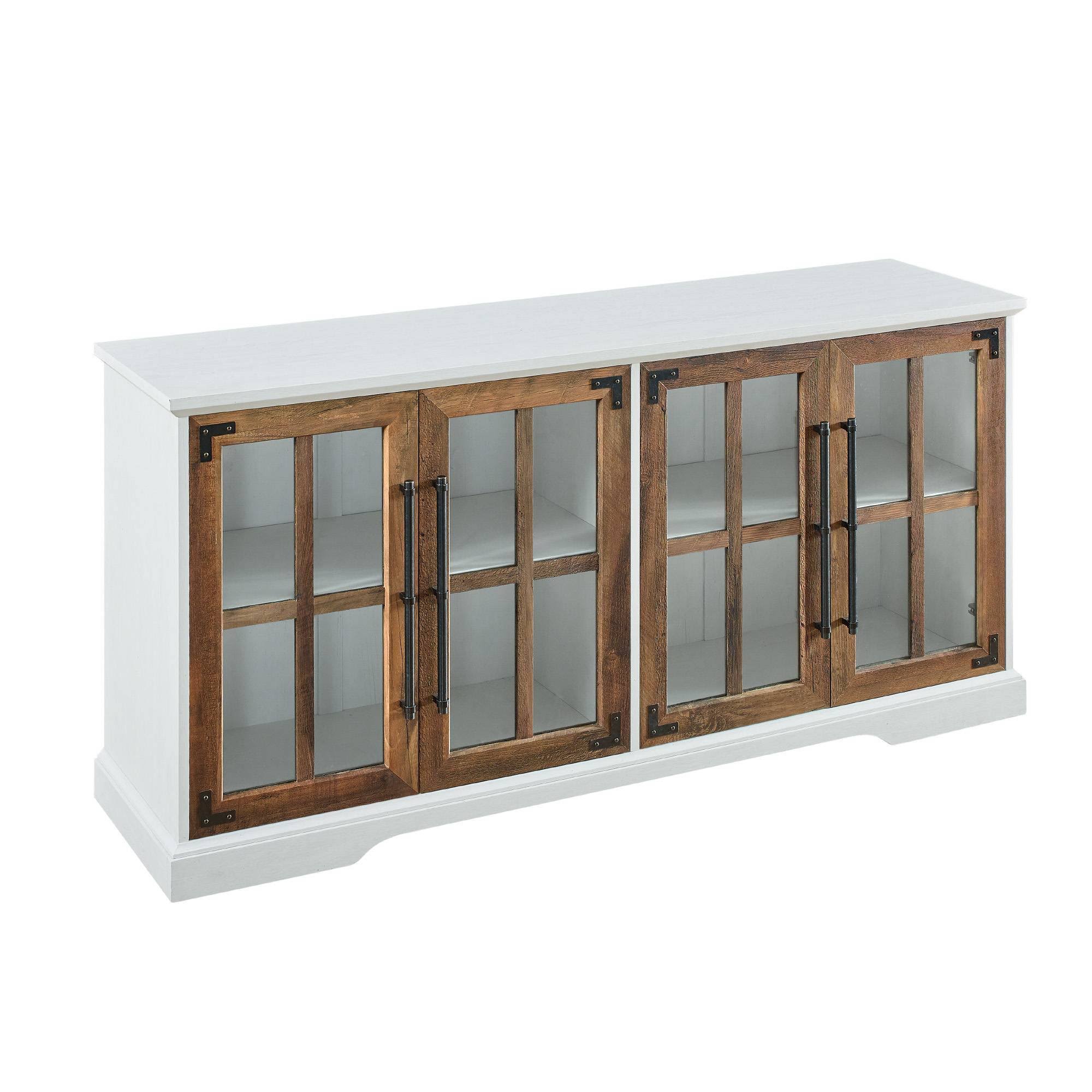 Avalene Modern Farmhouse 4 Door Glass Window Pane Tv Stand For Tvs Up To 65 Brushed White/Rustic Oak - Saracina Home CQ_NOHBWSVG