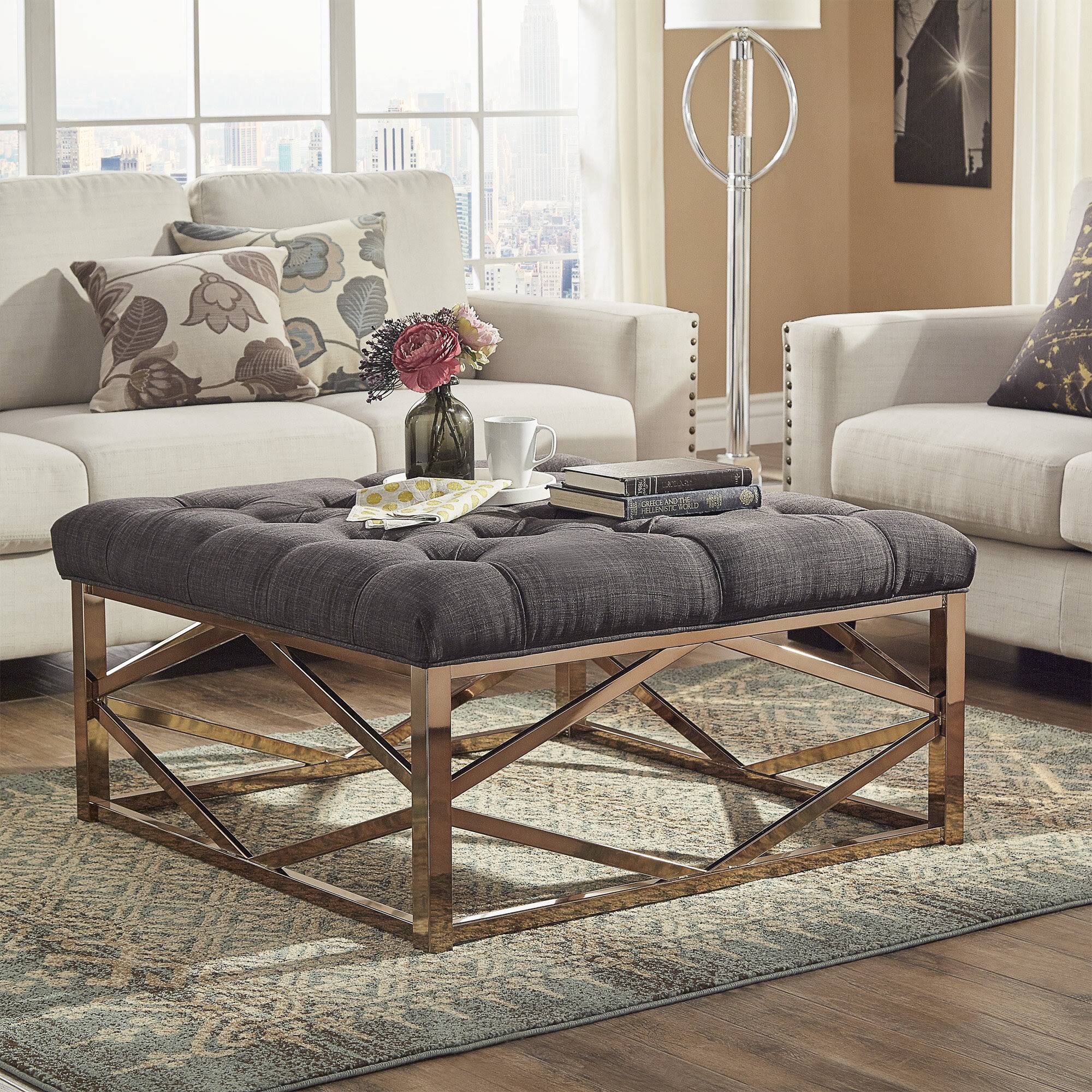 House Of Hampton Gilham Ottoman, Heathered Dark Grey Linen/ Champagne Gold ZQ_XMYQQHMV