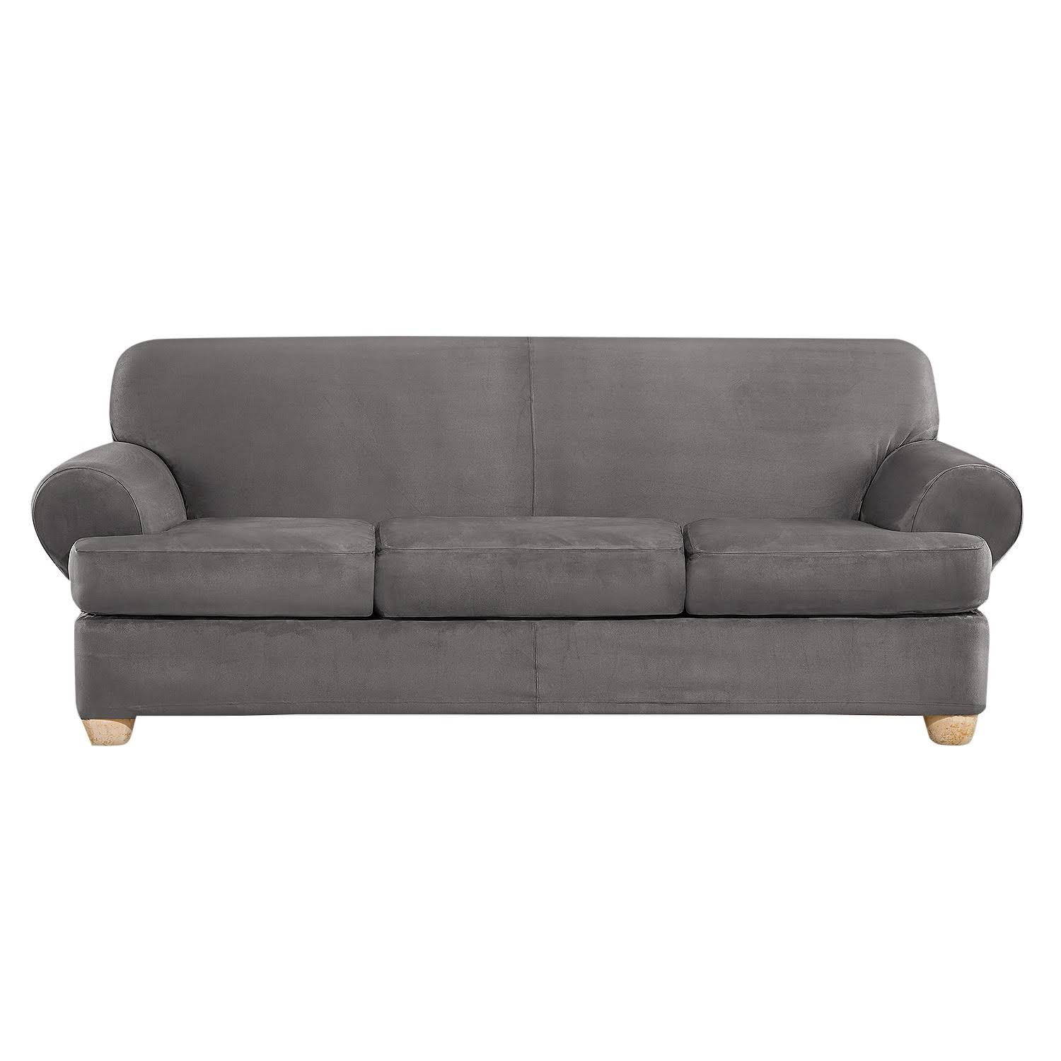 Sure Fit Ultimate Stretch Suede 4 Piece T-Sofa Slipcover, Slate Gray NS_ZMQIAJLQ Sure Fit Ultimate Stretch Suede 4 Piece T-Sofa Slipcover, Slate Gray NS_ZMQIAJLQ