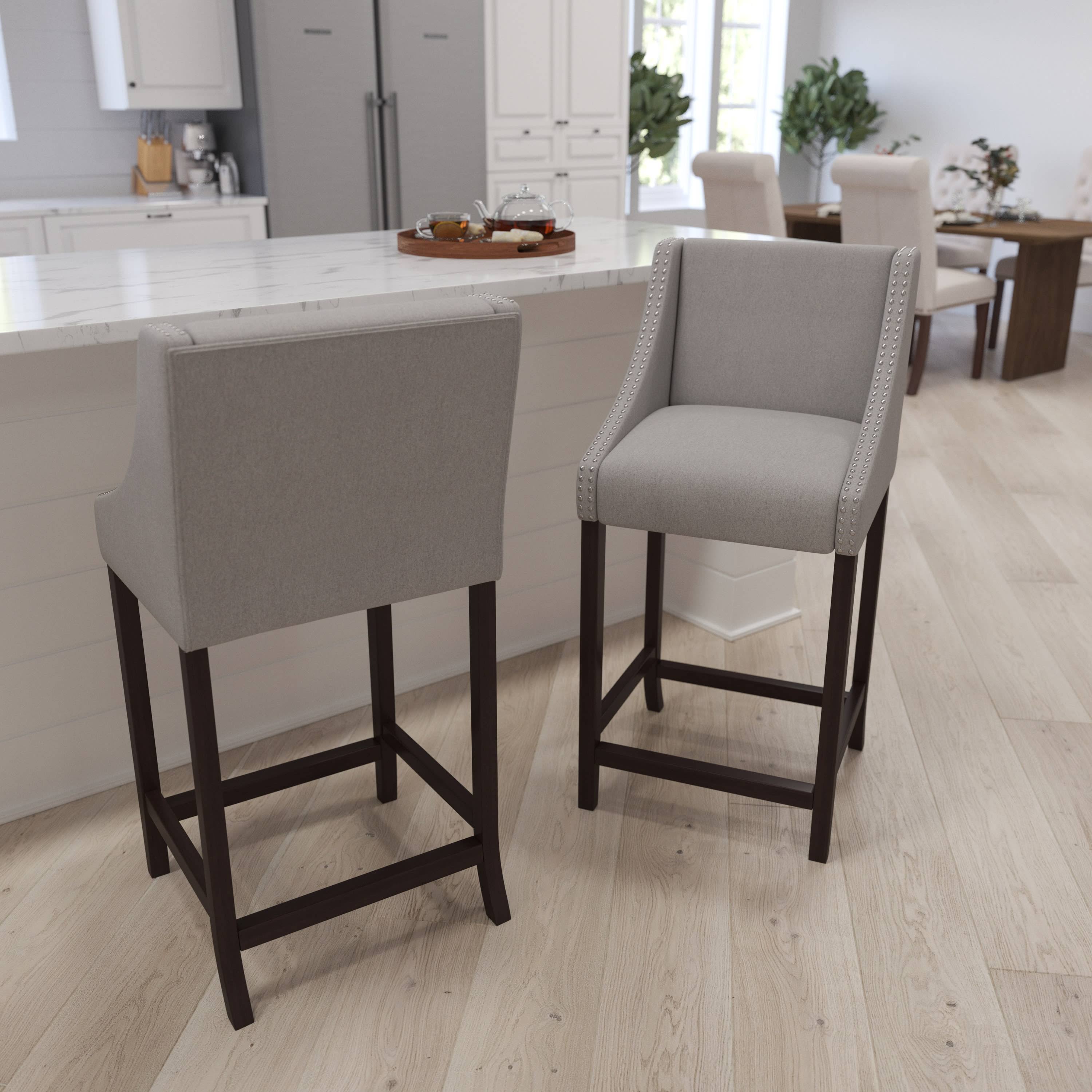 Merrick Lane 30 Inch Bar Height Stool With Nailhead Trim In Light Gray Fabric ON_5BRXGTMR Merrick Lane 30 Inch Bar Height Stool With Nailhead Trim In Light Gray Fabric ON_5BRXGTMR