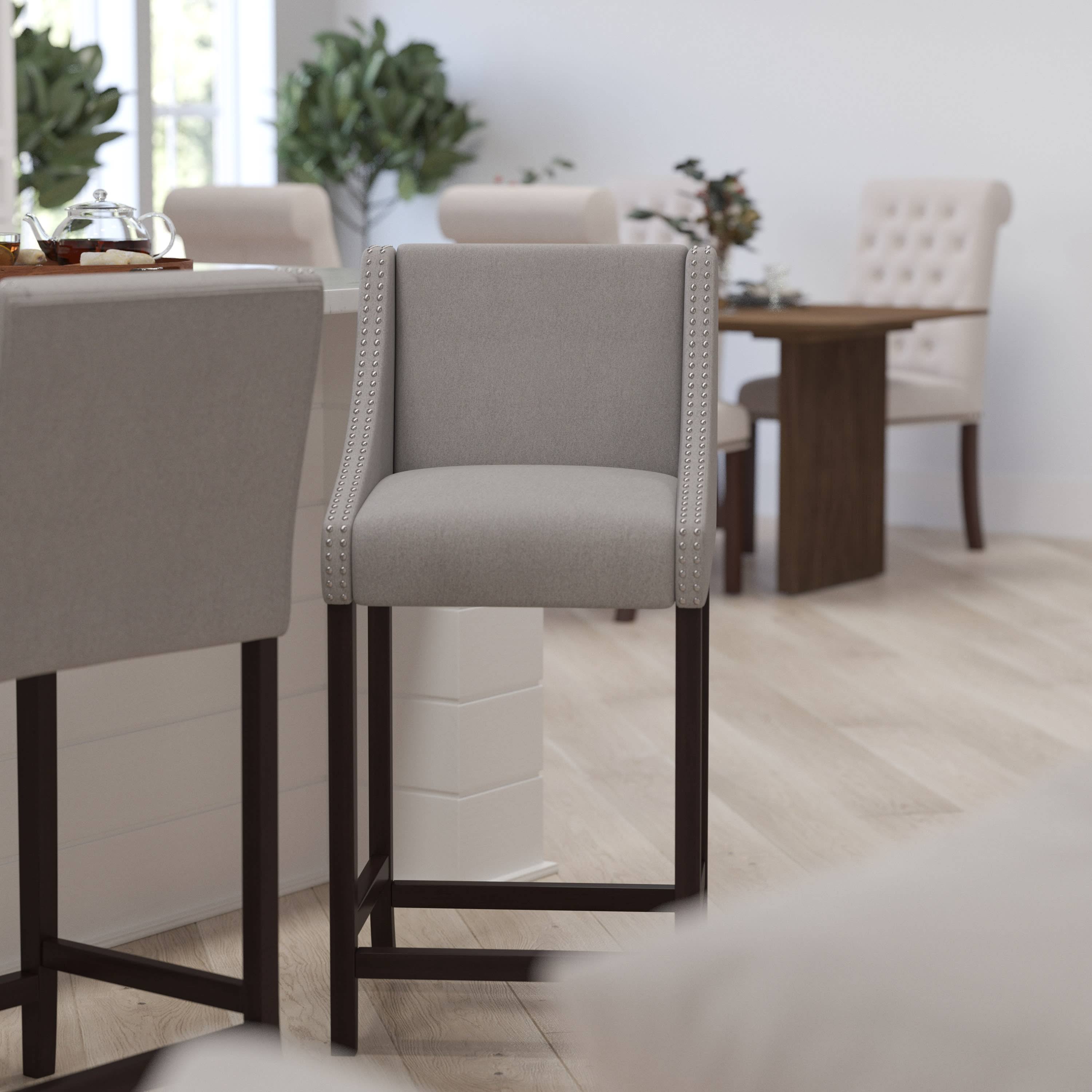 Merrick Lane 30 Inch Bar Height Stool With Nailhead Trim In Light Gray Fabric ON_5BRXGTMR Merrick Lane 30 Inch Bar Height Stool With Nailhead Trim In Light Gray Fabric ON_5BRXGTMR