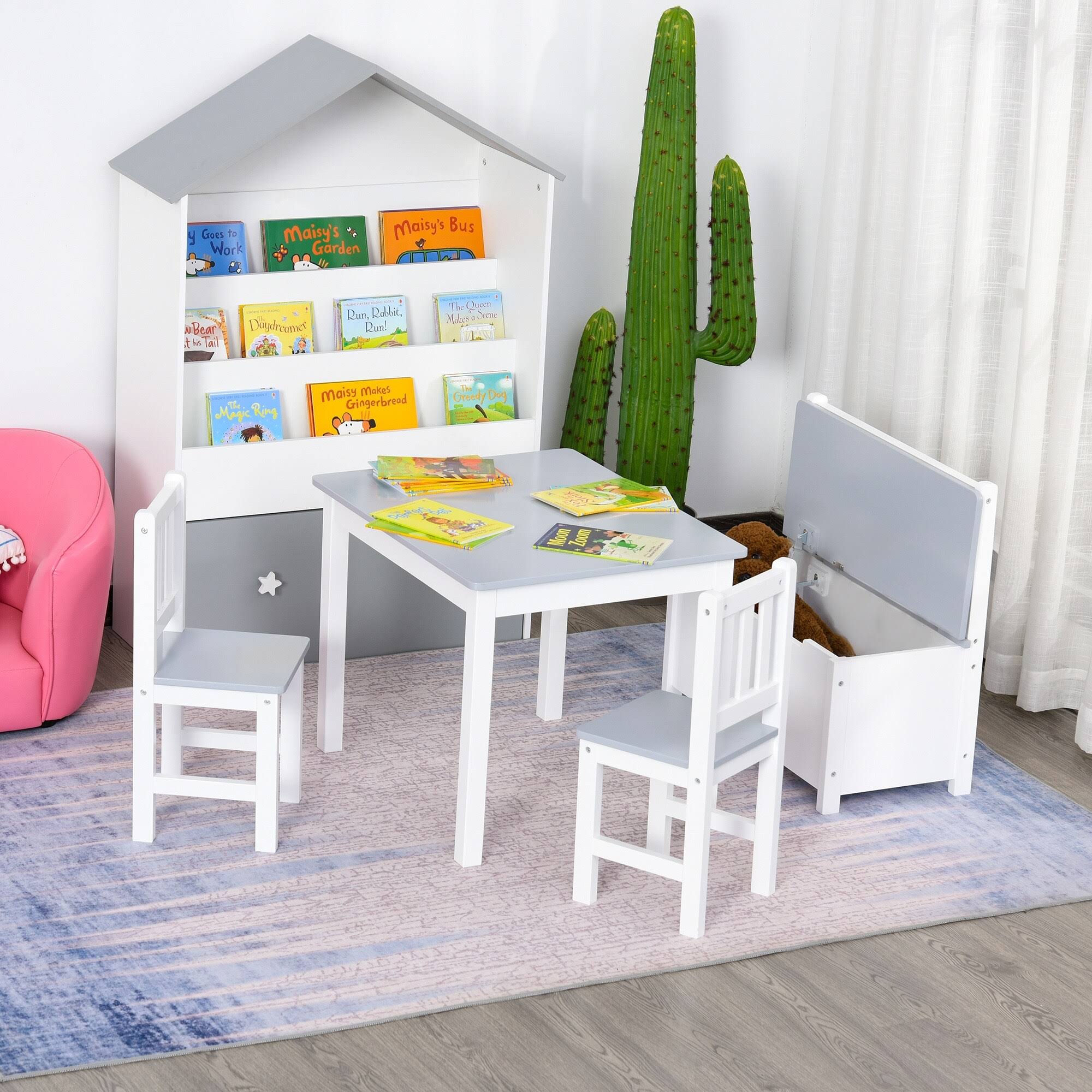 Qaba 4-Piece Kids Table Set With 2 Wooden Chairs, 1 Storage Bench, And Interesting WB_FOFAJ1ON Qaba 4-Piece Kids Table Set With 2 Wooden Chairs, 1 Storage Bench, And Interesting WB_FOFAJ1ON