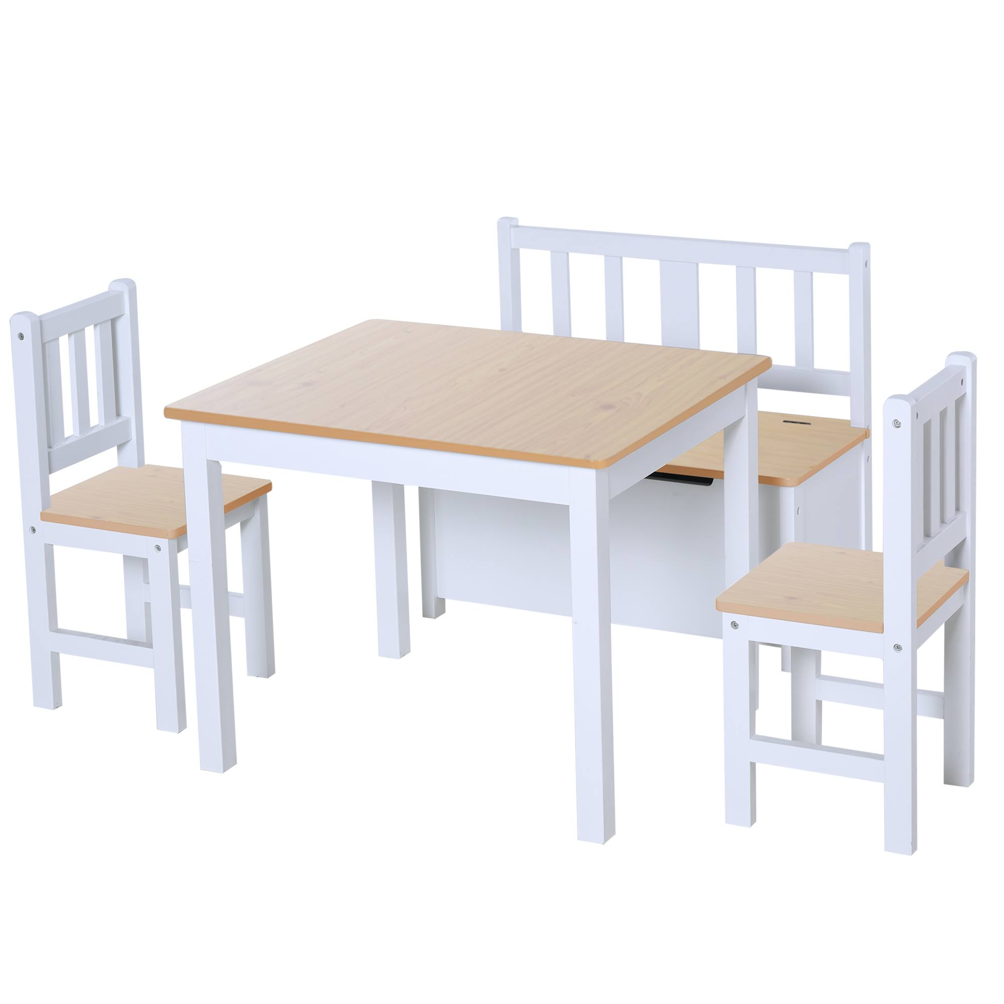 Qaba 4-Piece Kids Table Set With 2 Wooden Chairs, 1 Storage Bench, And Interesting WB_FOFAJ1ON