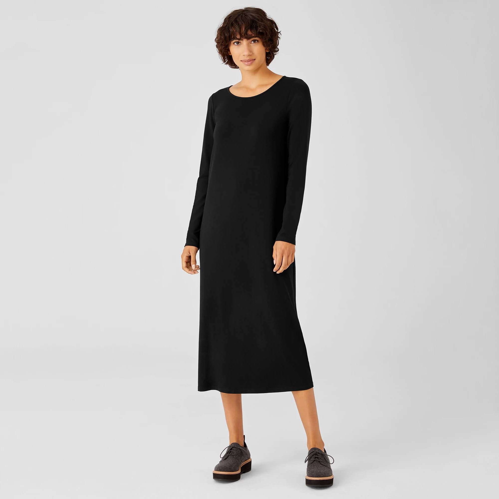 Eileen Fisher | Women's Stretch Jersey Knit Jewel Neck Dress | Black | Size: Medium Regular IX_EYVWAGX9