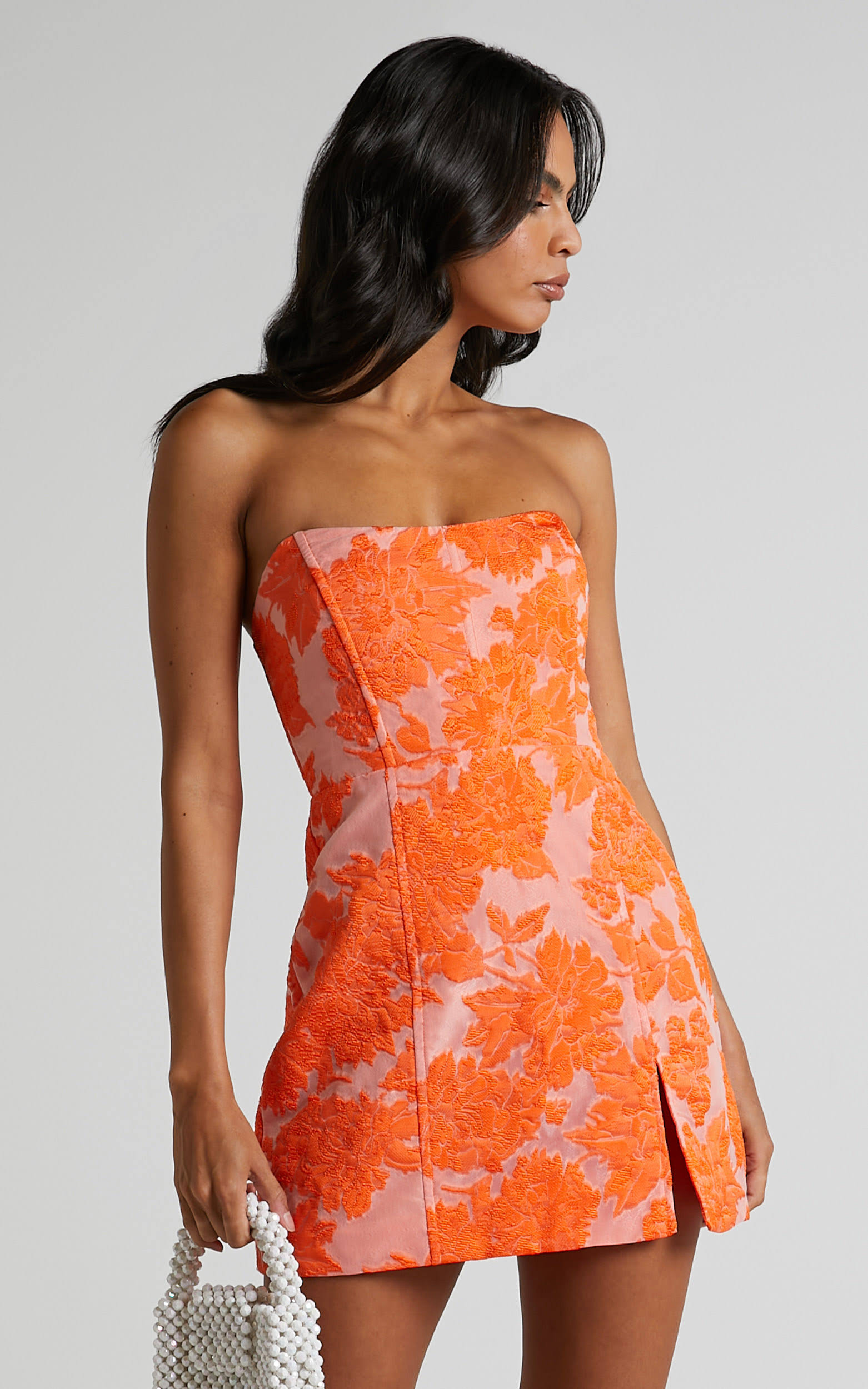 Brailey Mini Dress - Strapless Dress In Orange Jacquard - Showpo Bodycon Dresses QC_J9D9LJJZ