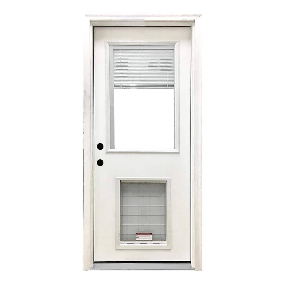 Steves & Sons 32 In. X 80 In. Reliant Series Clear Mini-Blind Rhis White Primed Fiberglass Prehung Front Door With Xl Pet Door 1A_GH0AVNX8