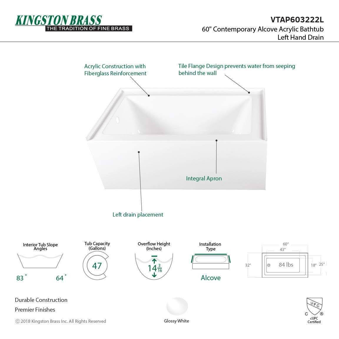 Aqua Eden 60-Inch Acrylic Alcove Tub With Left Hand Drain Hole White - Kingston Brass - Vtap603222l 2B_D8TGQ27K