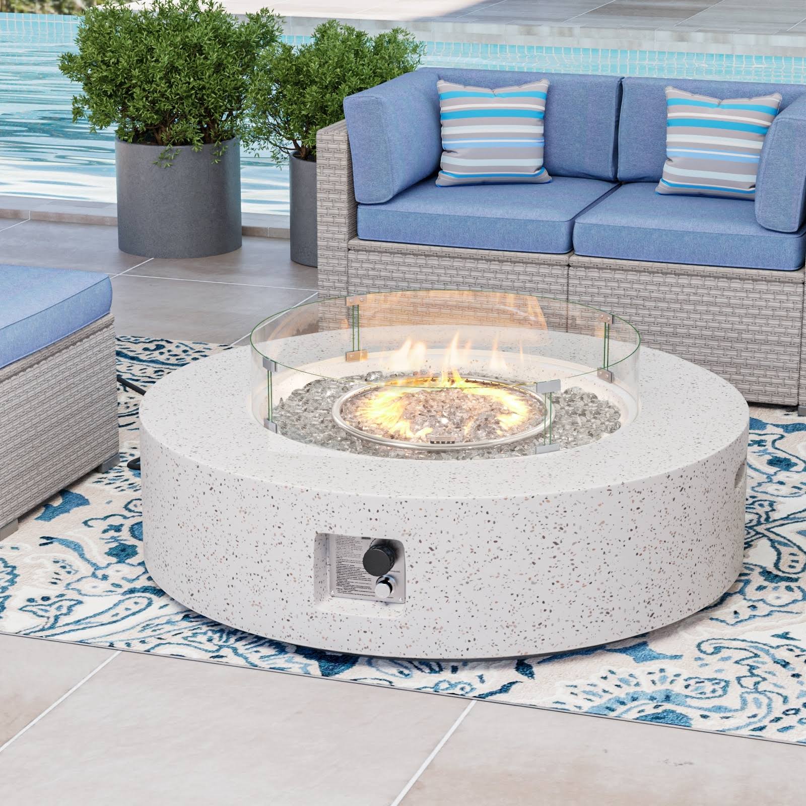 Cosiest Outdoor Round Propane Fire Pit W Wind Guard And Fire Glass - Clear/White 0J_274DHCK5 Cosiest Outdoor Round Propane Fire Pit W Wind Guard And Fire Glass - Clear/White 0J_274DHCK5
