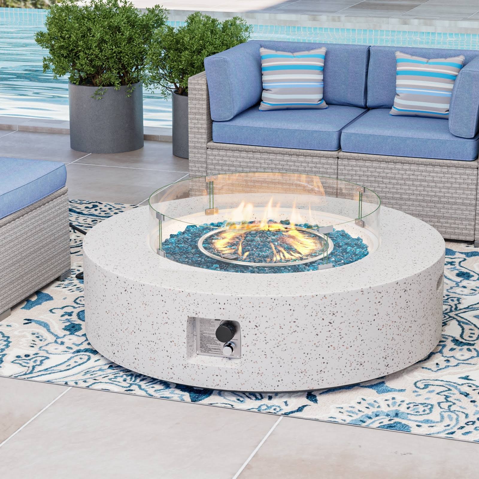 Cosiest Outdoor Round Propane Fire Pit W Wind Guard And Fire Glass - Clear/White 0J_274DHCK5 Cosiest Outdoor Round Propane Fire Pit W Wind Guard And Fire Glass - Clear/White 0J_274DHCK5