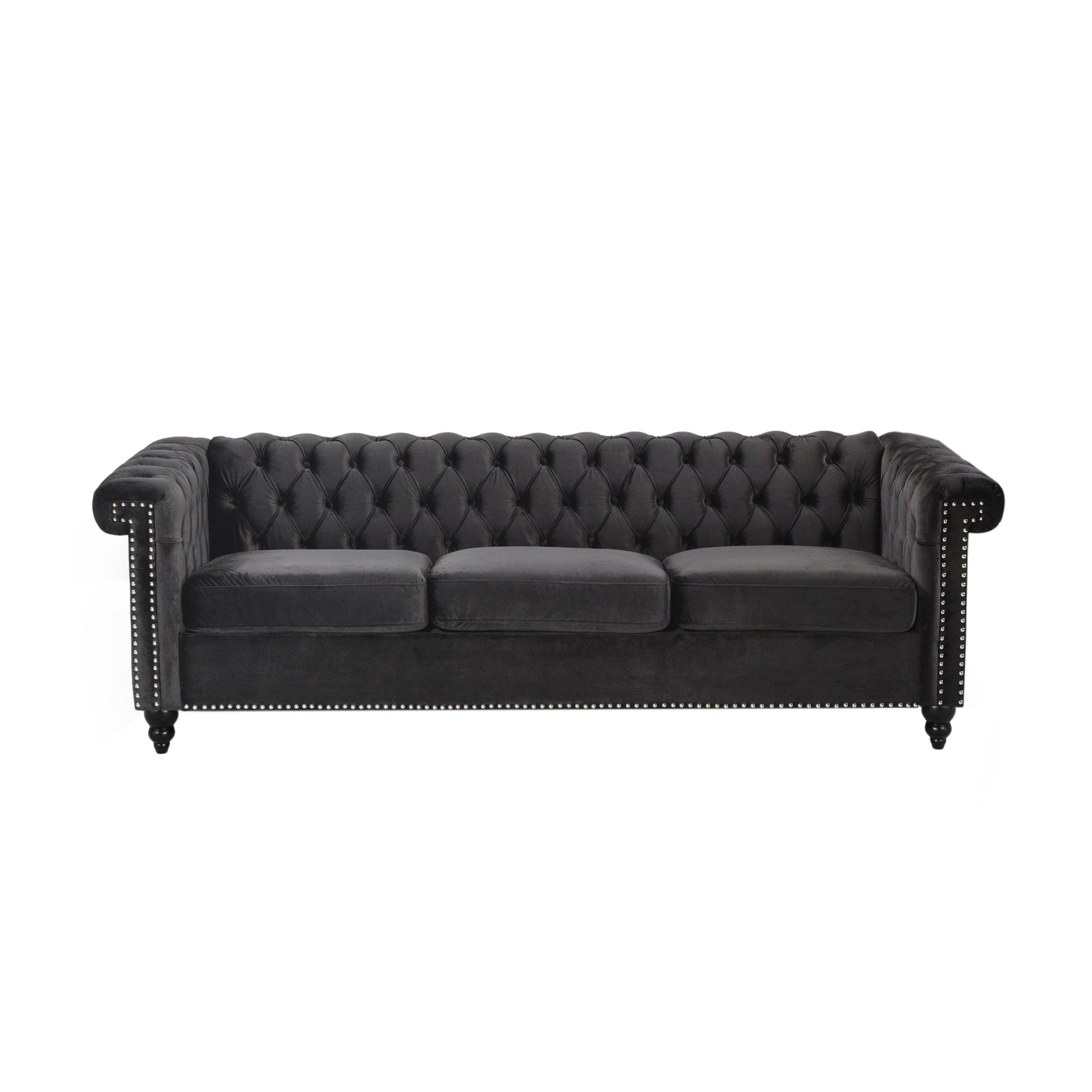 Noble House Conrado Tufted Chesterfield Velvet 3 Seater Sofa, Black An - Black IV_YRUSAMAX